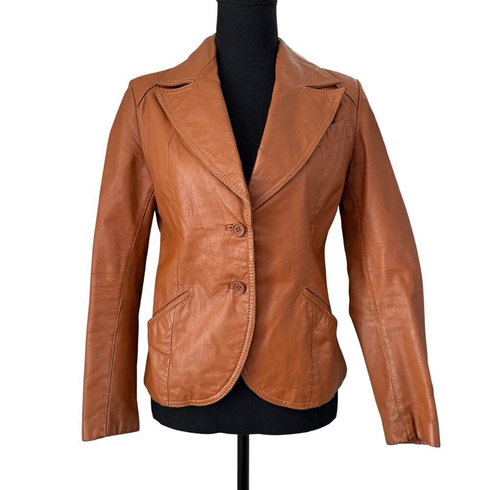 VINTAGE 70s Casual Corner Cognac Brown Leather Jacket XS/S - Picture 2 of 16
